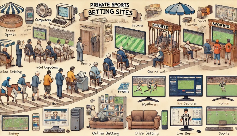 DALL·E 2024-07-07 19.43.07 - A detailed illustration representing the history of private sports betting sites (사설토토사이트) from their inception to the present. The image should be di.webp