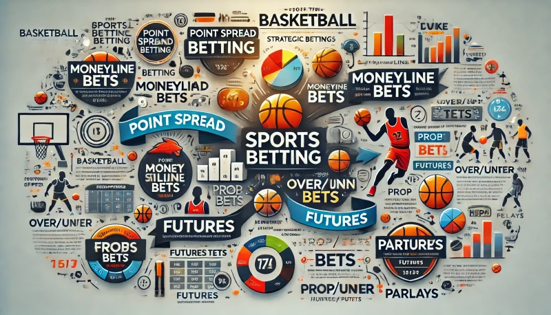 DALL·E 2024농구 스포츠베팅 종류 및 베팅 전략08-23 01.26.06 - A wide infographic tailored for a community setting, illustrating various types of basketball sports betting and providing strategic betting advice. T.webp