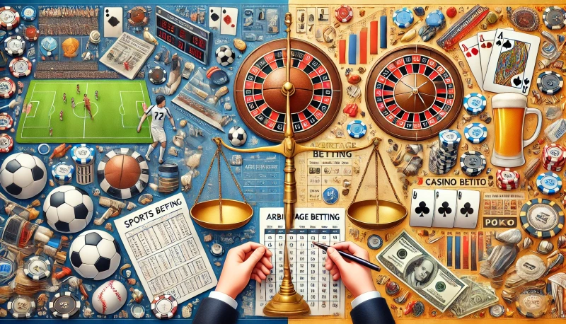 DALL·E 2024-08-25 20.10.42 - An image representing the concept of arbitrage betting (양방베팅), focusing on the strategies and risks involved in both sports and casino betting. The im.webp