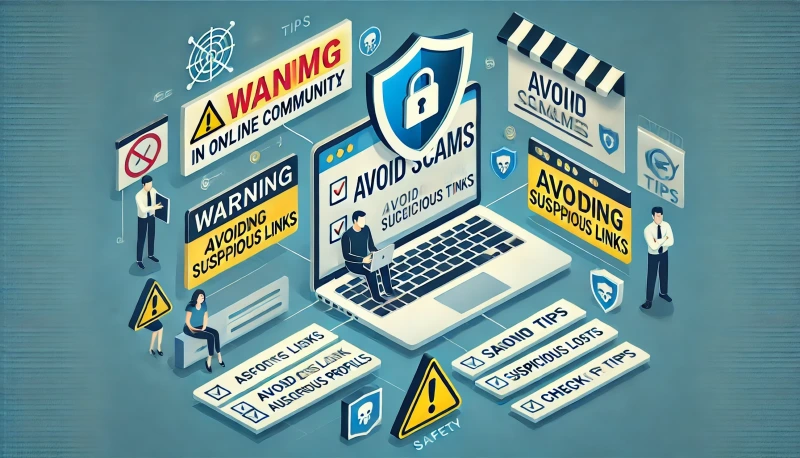 DALL·E 2024-08-26 04.07.39 - An image representing tips on how to avoid scams in online communities. The image should be horizontally long and include elements like a warning sign.webp