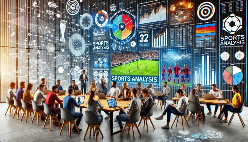 DALL·E 2024-08-28 06.03.59 - A wide image depicting a community discussing and recommending sports analysis websites and strategies. The scene features diverse individuals gathere.webp