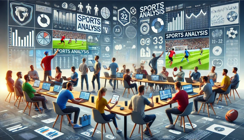 DALL·E 2024-08-28 06.06.55 - A wide image showing a community of members sharing sports analysis methods and examples. The scene features a collaborative workspace with people usi.webp