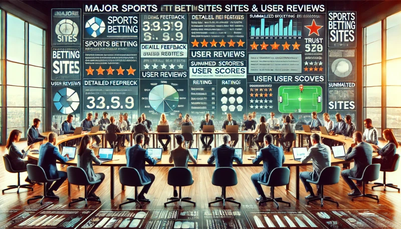 DALL·E 2024-08-28 06.14.44 - A wide image depicting a professional setting where a group of people are evaluating major sports betting sites and user reviews. The scene includes i.webp