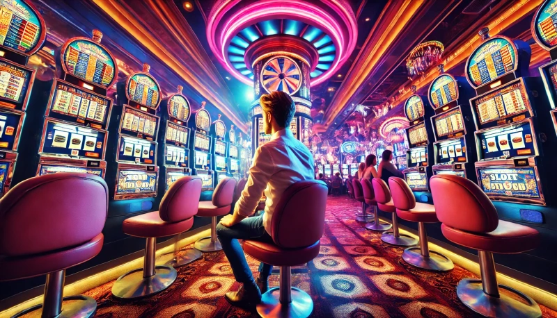 DALL·E 2024-08-31 21.10.17 - A wide image depicting a person sitting in front of a slot machine in a casino. The setting features a vibrant casino environment with rows of slot ma.webp