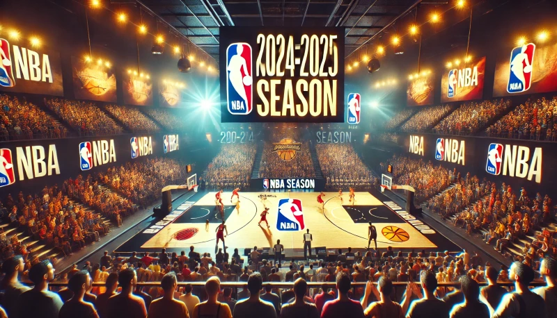 DALL·E 2024-09-01 00.31.55 - A wide image celebrating the opening of the 2024-2025 NBA regular season. The scene features a basketball court with vibrant lighting, where players f.webp