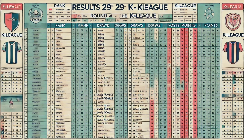 DALL·E 2024-09-04 23.57.04 - A detailed table representing the results of the 29th round of the K-League (K리그 29라운드 성적표) with a wide layout. The table should display columns like .webp