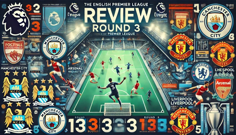 DALL·E 2024-09-05 00.30.15 - A comprehensive review image of the English Premier League (EPL) Round 3. The image should depict a football field with key highlights, including top-.webp